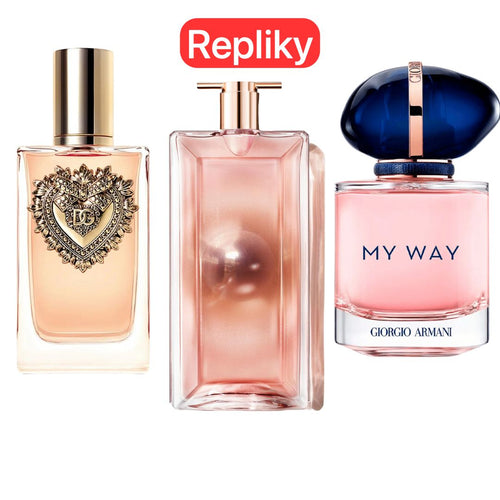 KIT 3 PARFÉMŮ KONTRATIPO (REPLIKY NEORIGINÁLNÍ) Inspirováno parfémy: Dolce & Gabanna Devotion, My Way Giorgi Armani, Lancôme Idôle 100ml